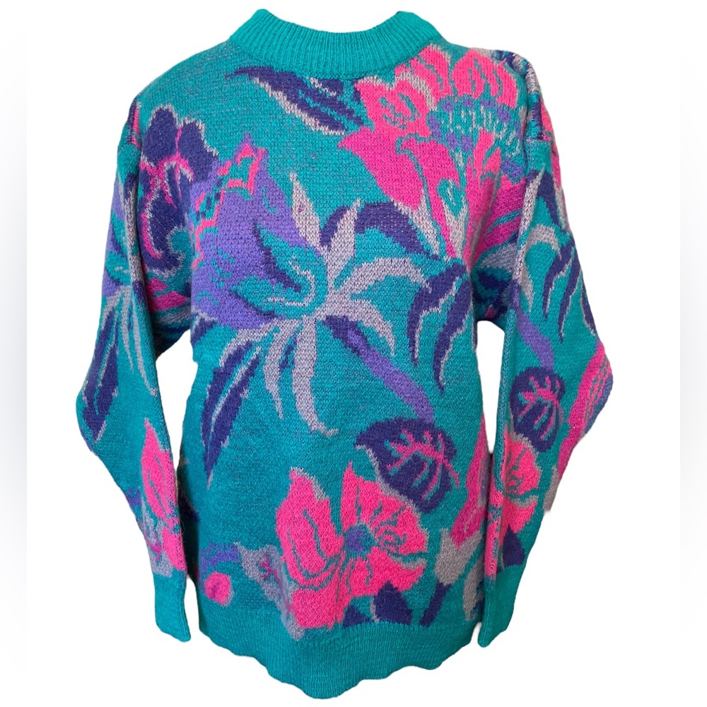 Le Moda Vintage 90s Bright Teal Pink Tropical Coastal Boho Floral Leafy Sweater